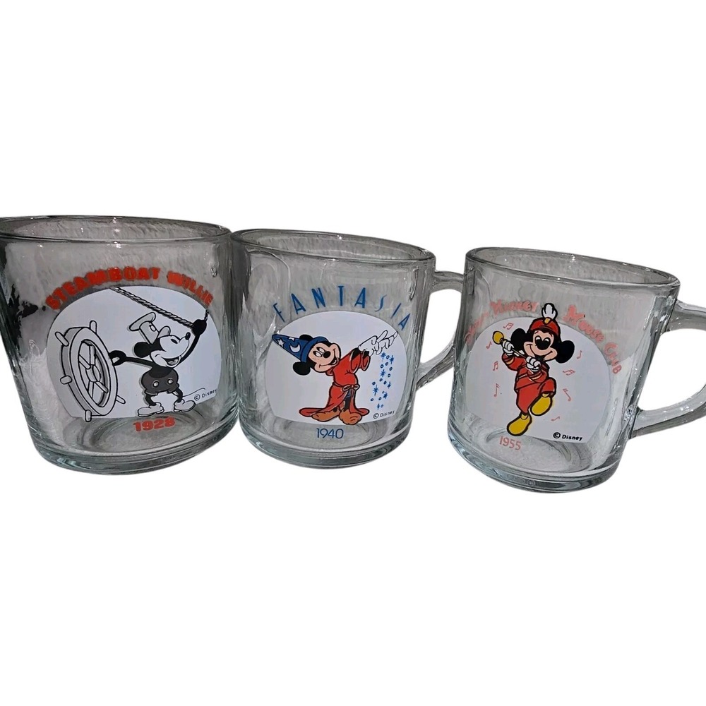 Set of‎ 3 Vintage Disney Anchor Hocking Mickey Clear Glass Coffee Mugs 1928-1955